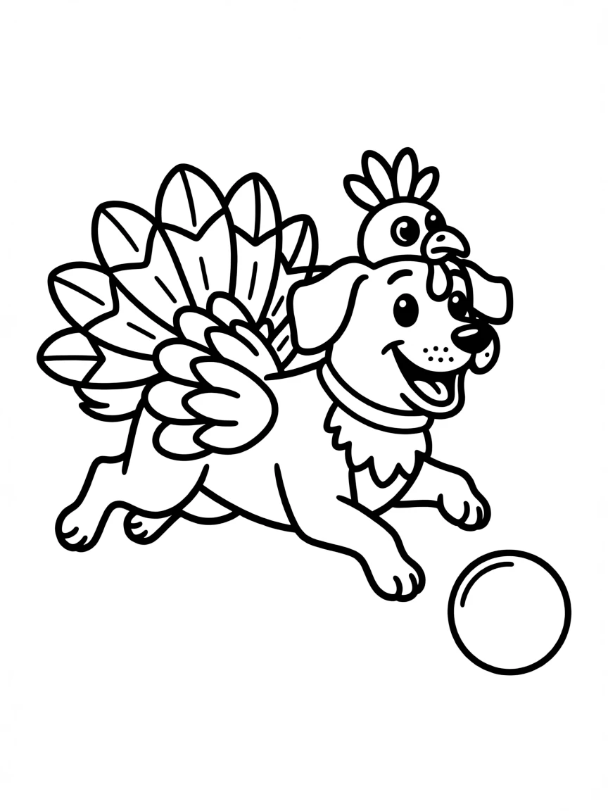 A happy dog dressed as a turkey, chasing a ball.