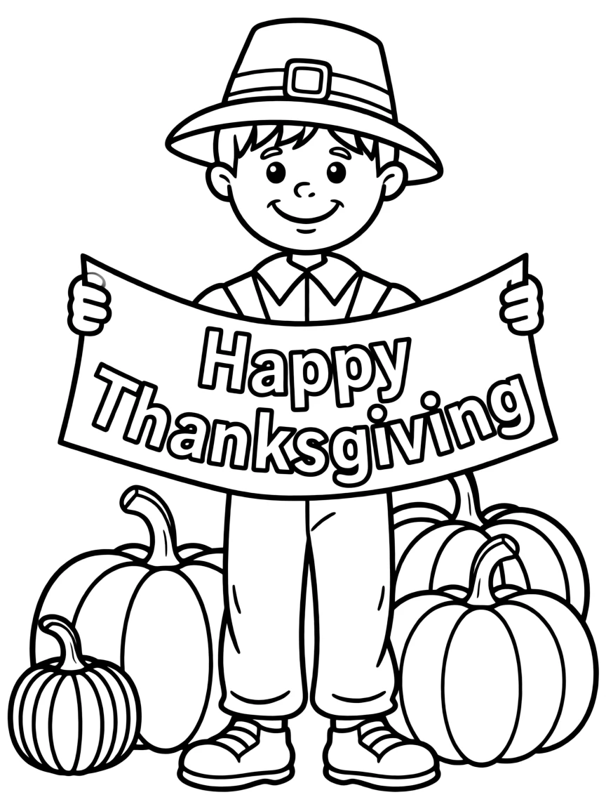 A cheerful pilgrim boy holding a Thanksgiving banner with pumpkins.