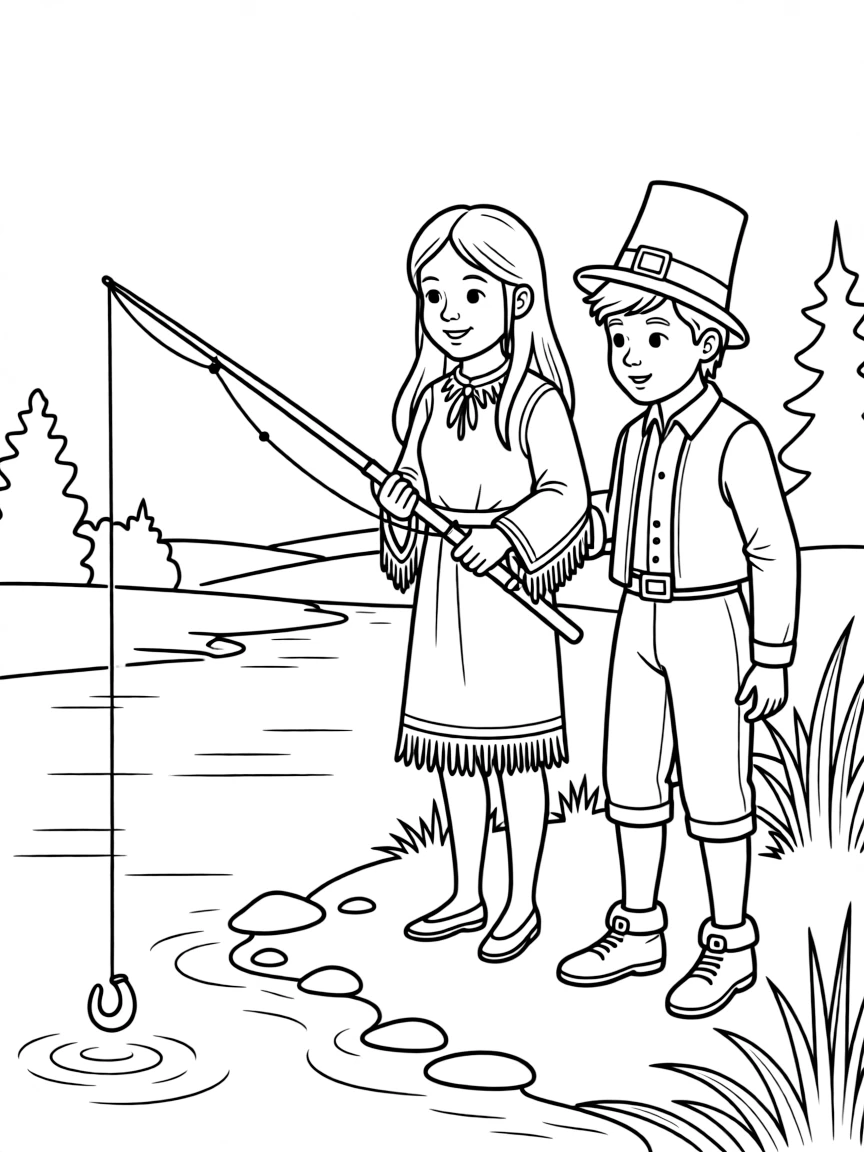 A kind Native American girl showing a pilgrim how to fish.