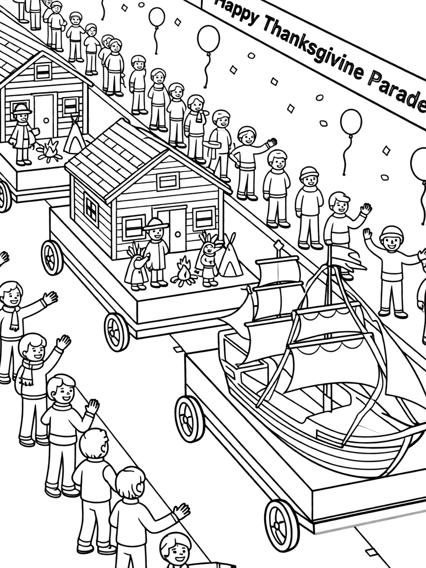 A Thanksgiving parade with floats shaped like historical scenes.