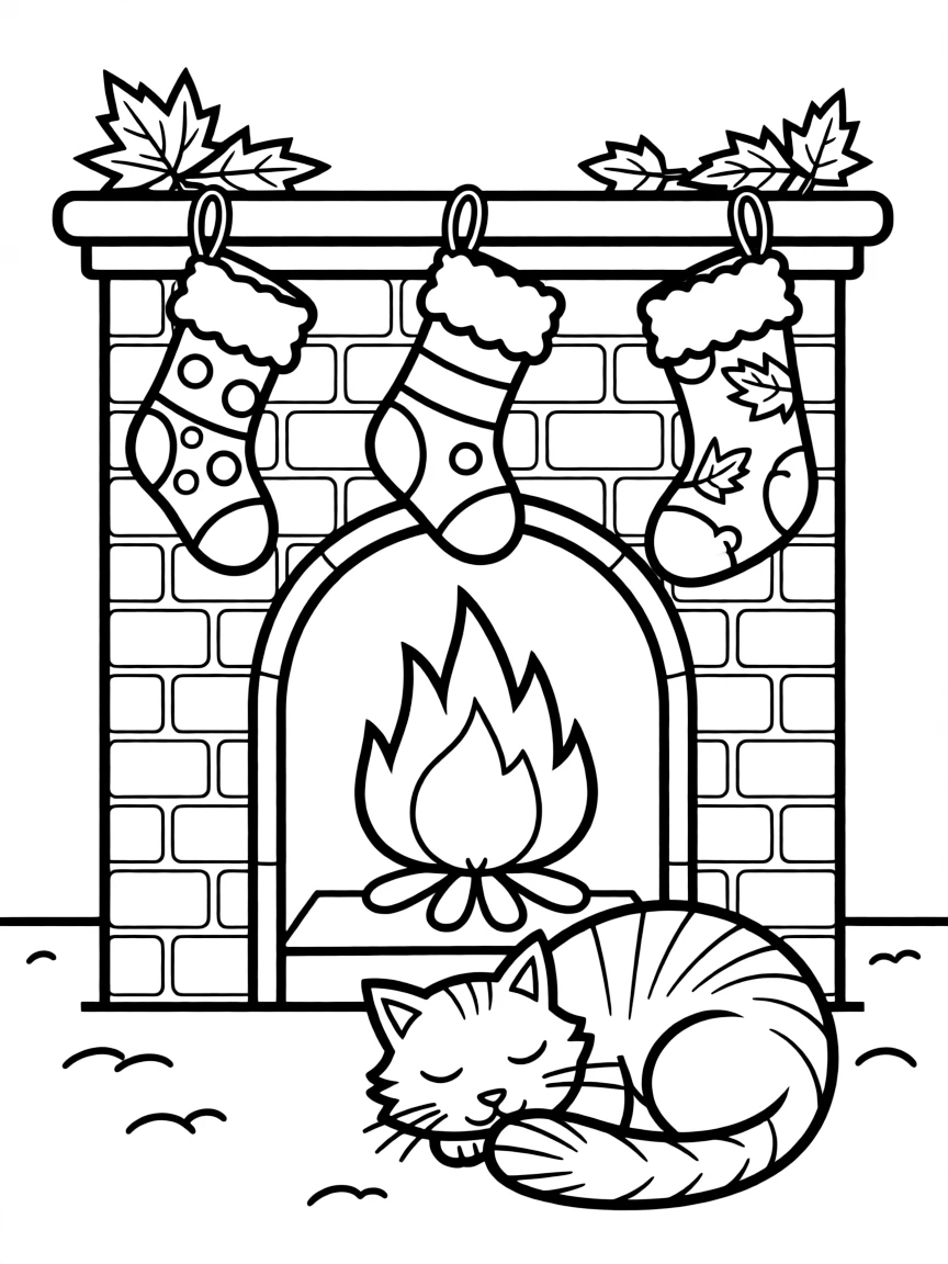 A cozy fireplace with Thanksgiving stockings and a sleeping cat.
