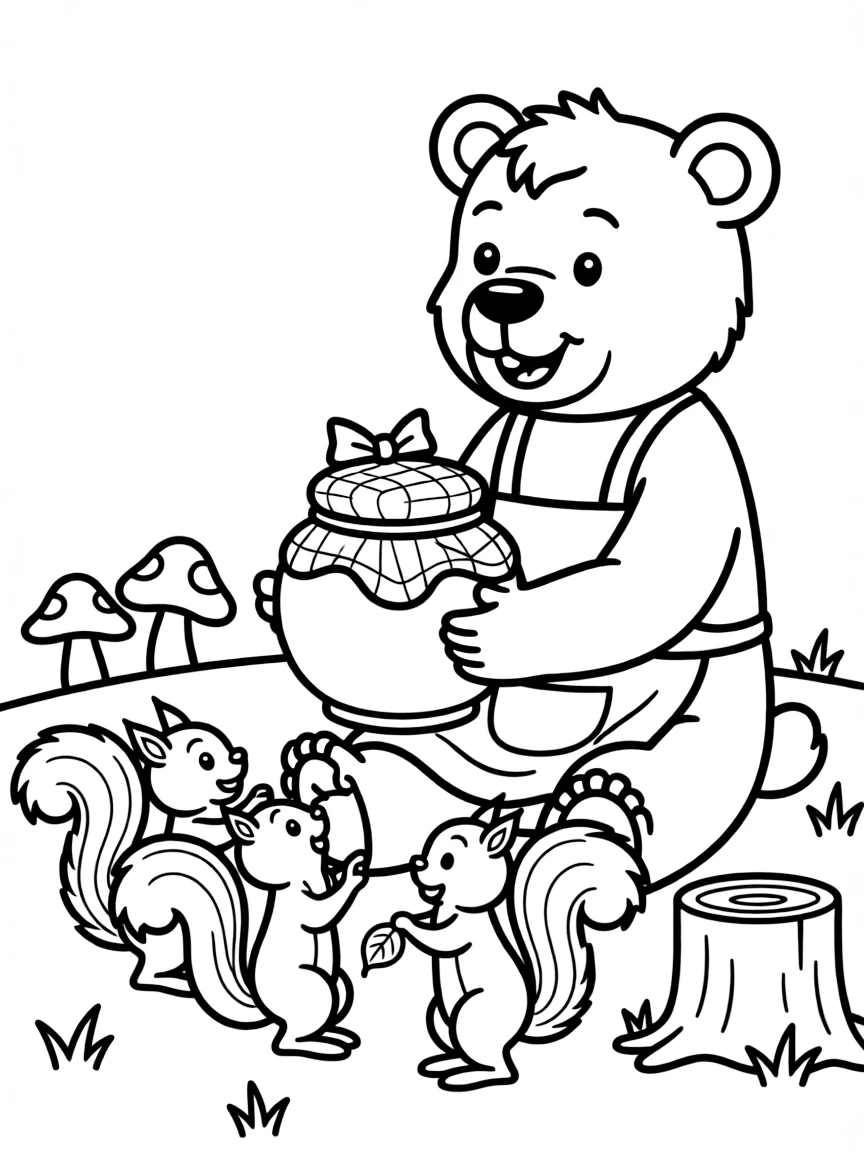 A friendly bear sharing honey with a family of squirrels.