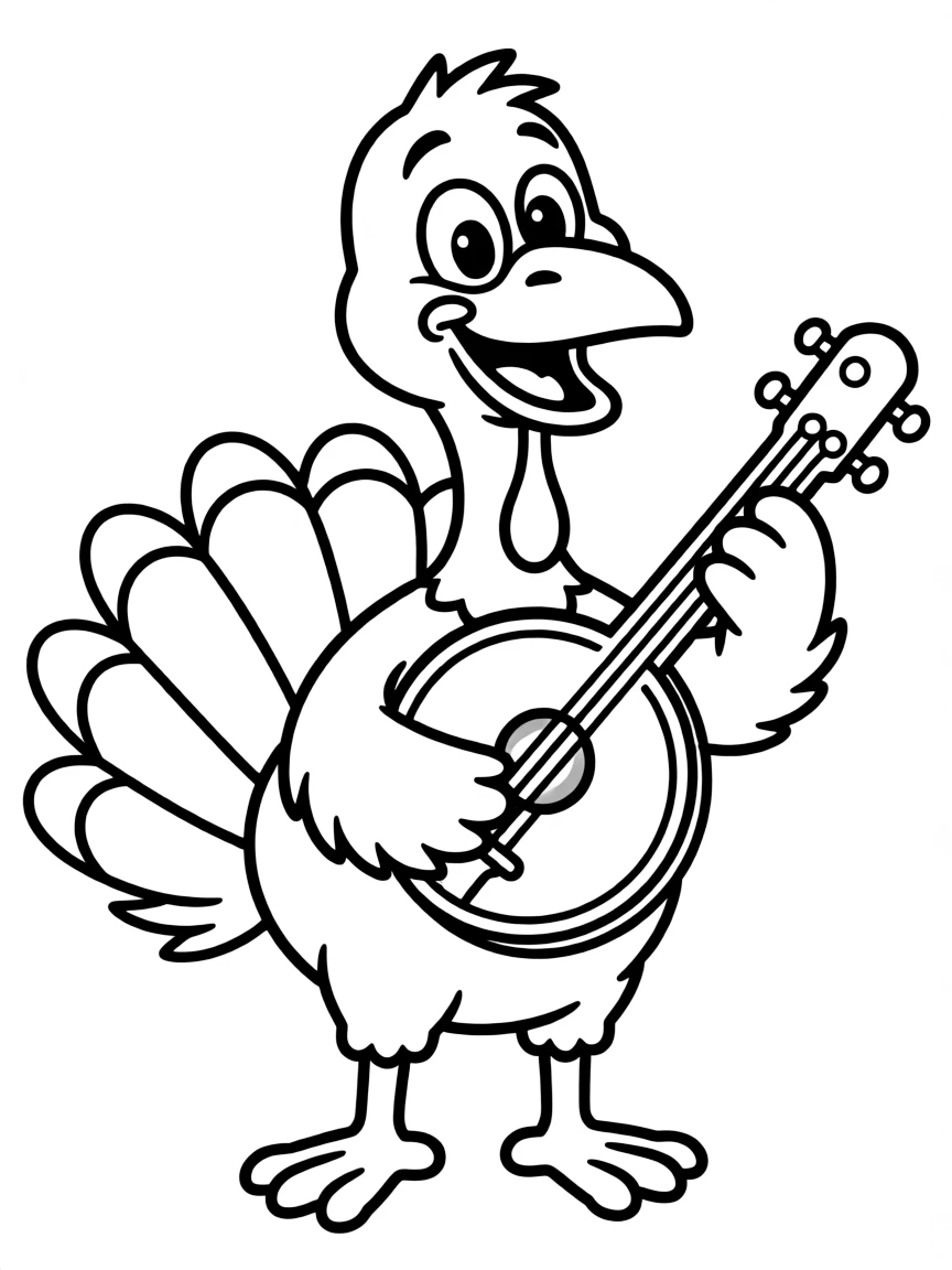 A cheerful turkey playing a banjo.