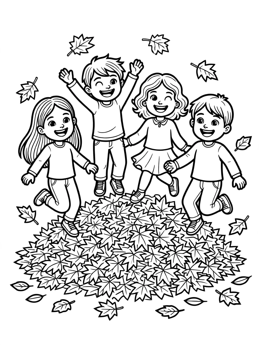 A group of happy children jumping in a pile of leaves.