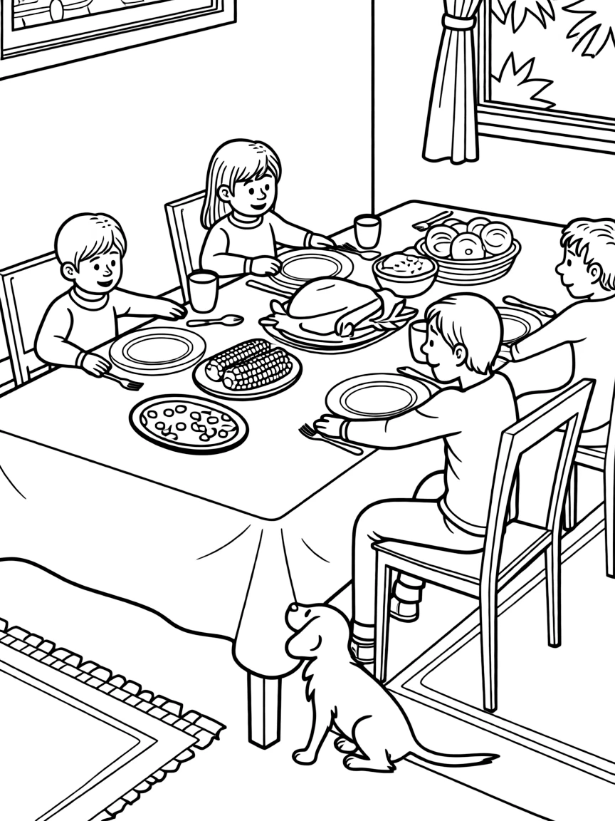 A detailed Thanksgiving dinner scene with a pet dog under the table.