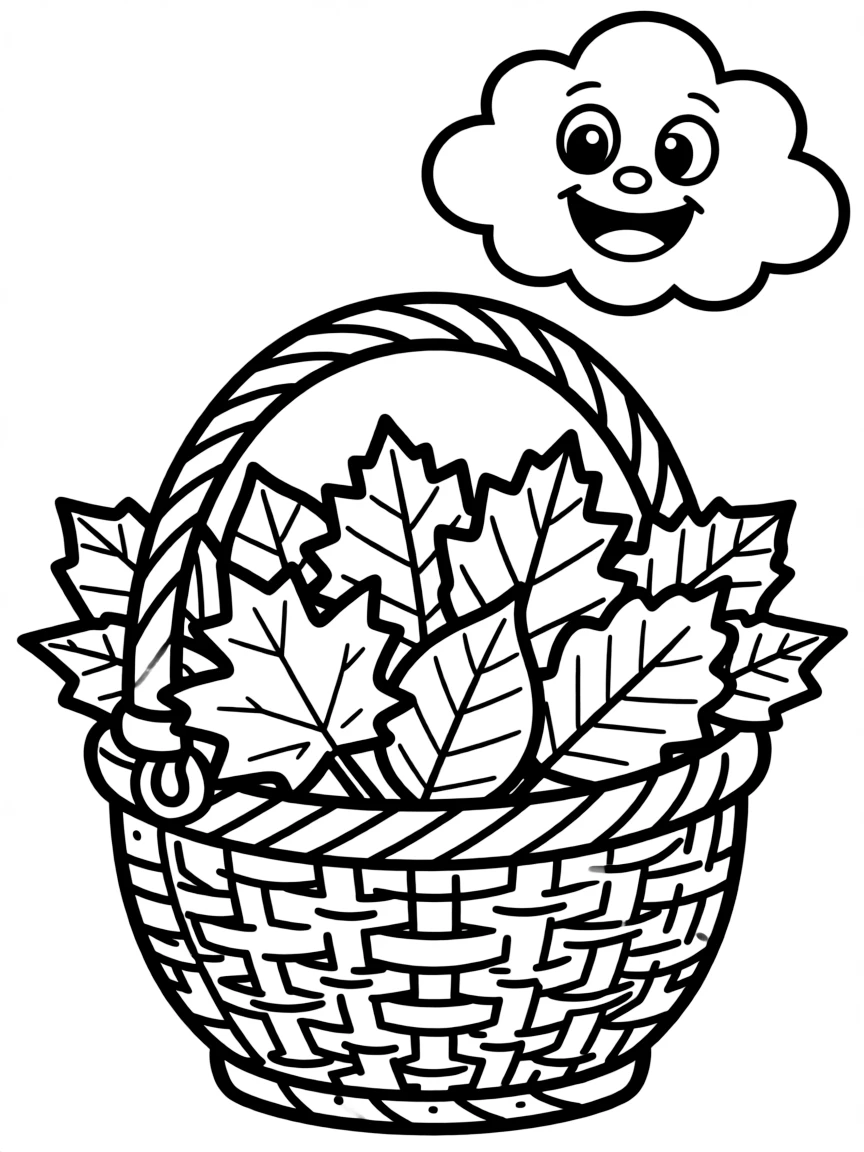 A basket full of colorful autumn leaves, with a smiling cloud above.