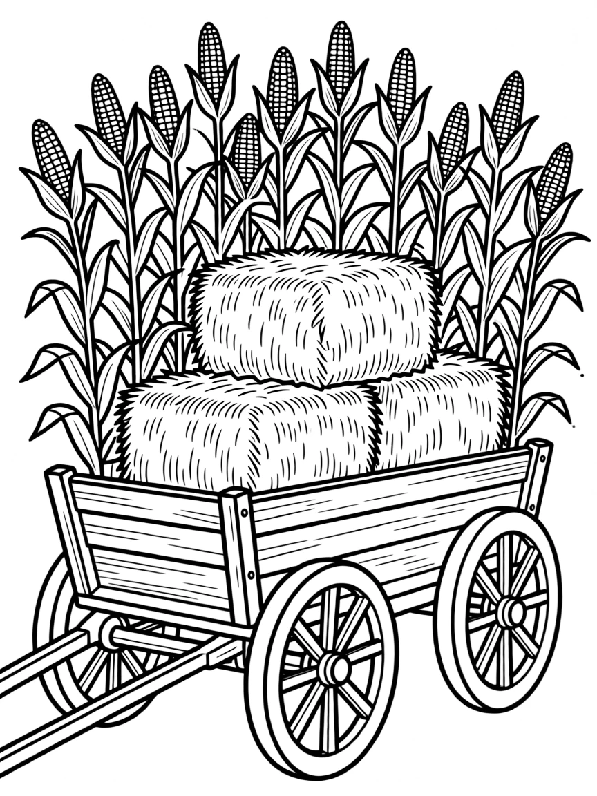A wagon overflowing with corn stalks and hay bales.