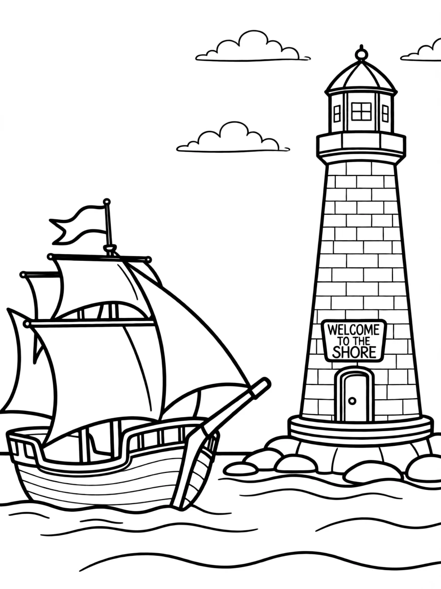 A pilgrim ship with sails full, approaching a lighthouse.