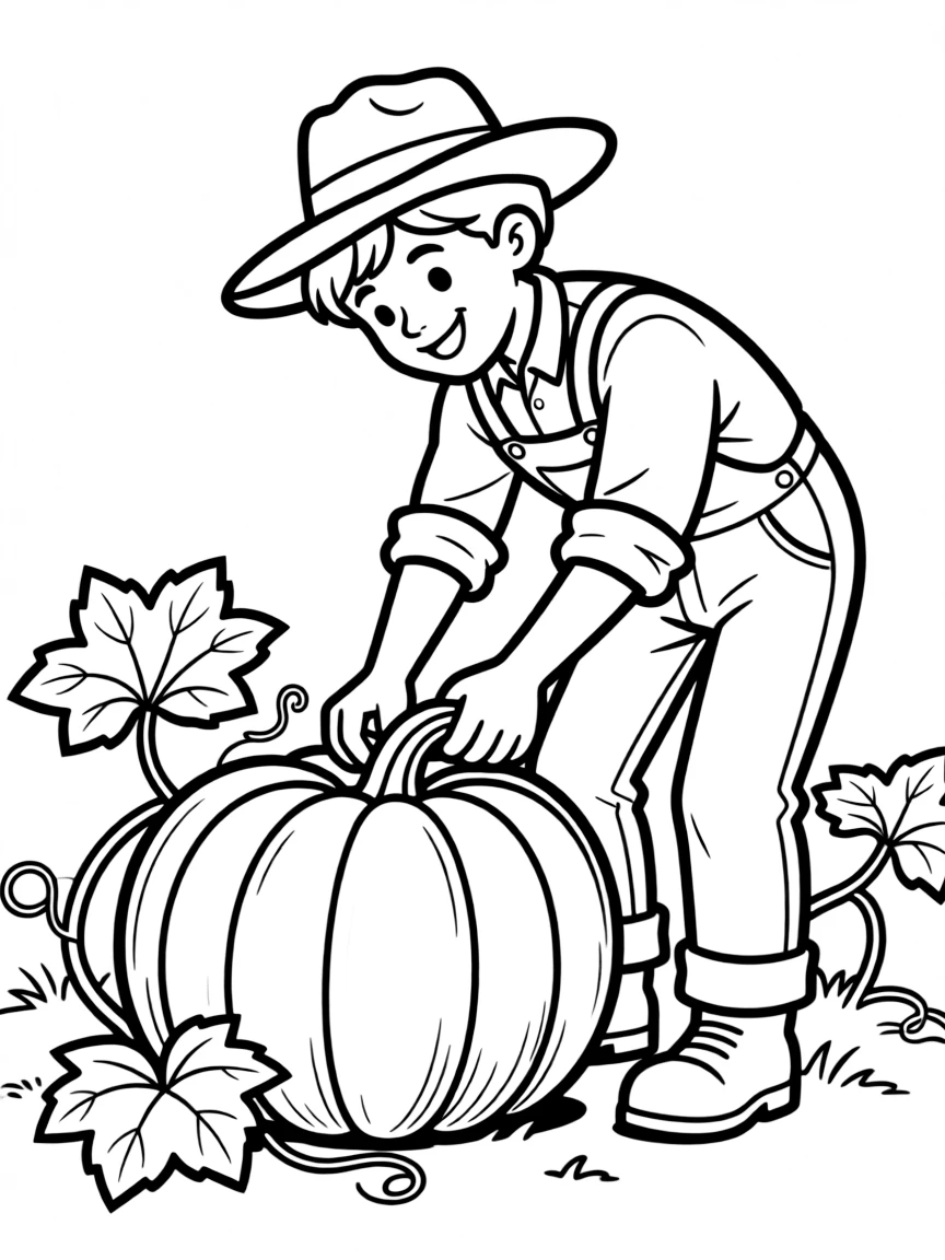 A friendly farmer picking a giant pumpkin.