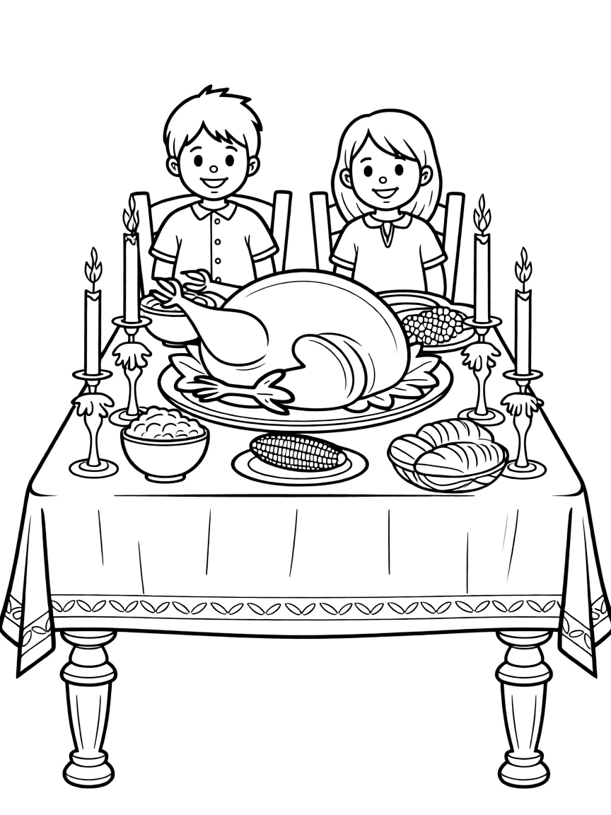 A large, ornate Thanksgiving table with candles and a turkey.