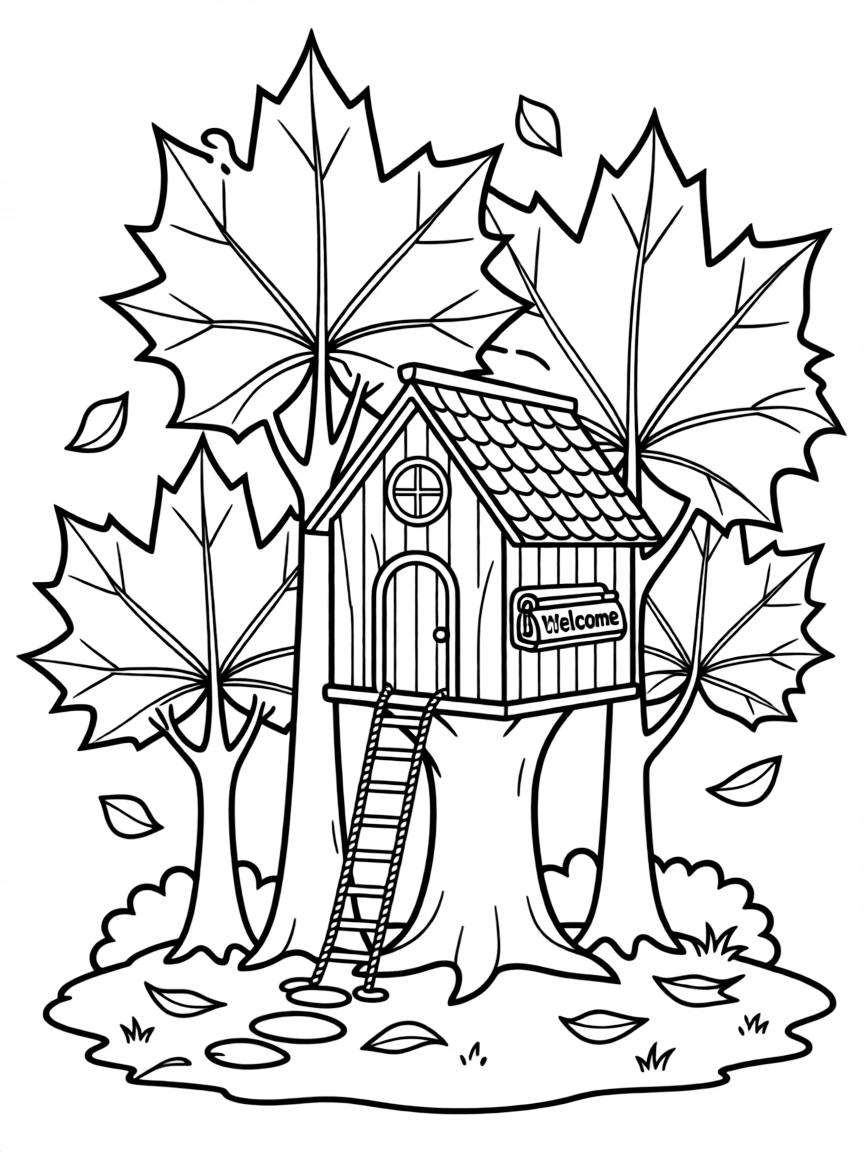 A cozy treehouse surrounded by autumn trees.