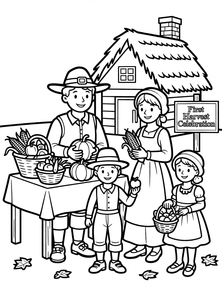 A pilgrim family celebrating their first harvest.
