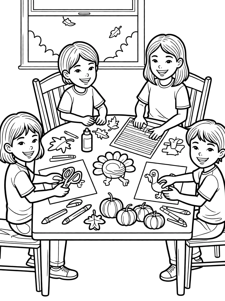 A group of children making Thanksgiving placemats.