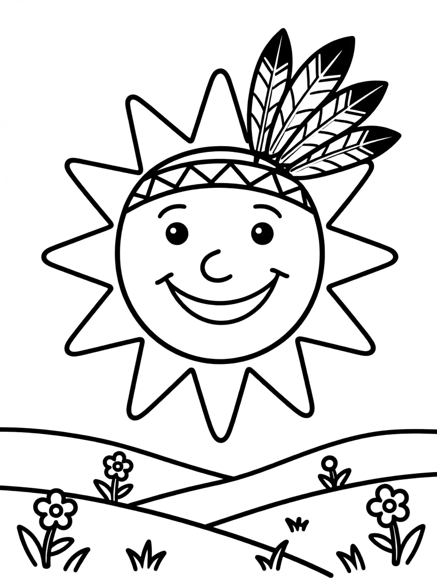 A smiling sun wearing a Native American feather.