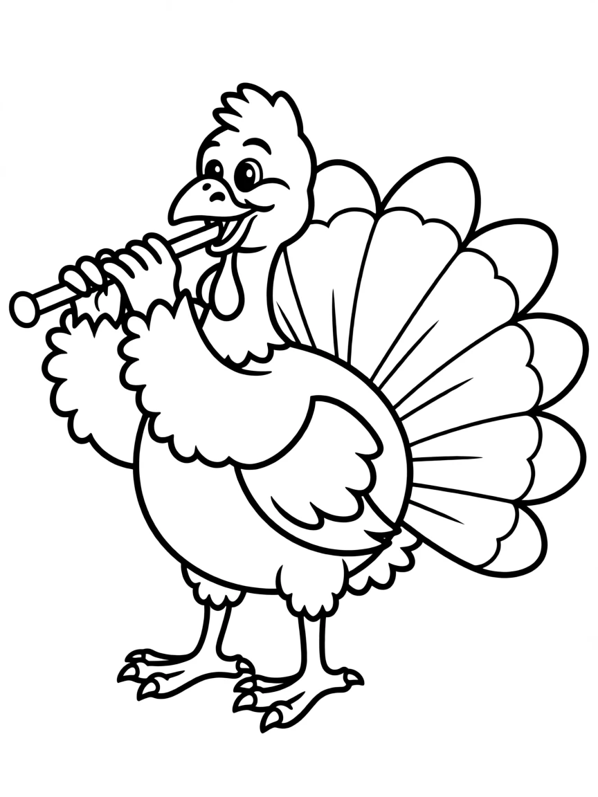 A cheerful turkey playing a flute.