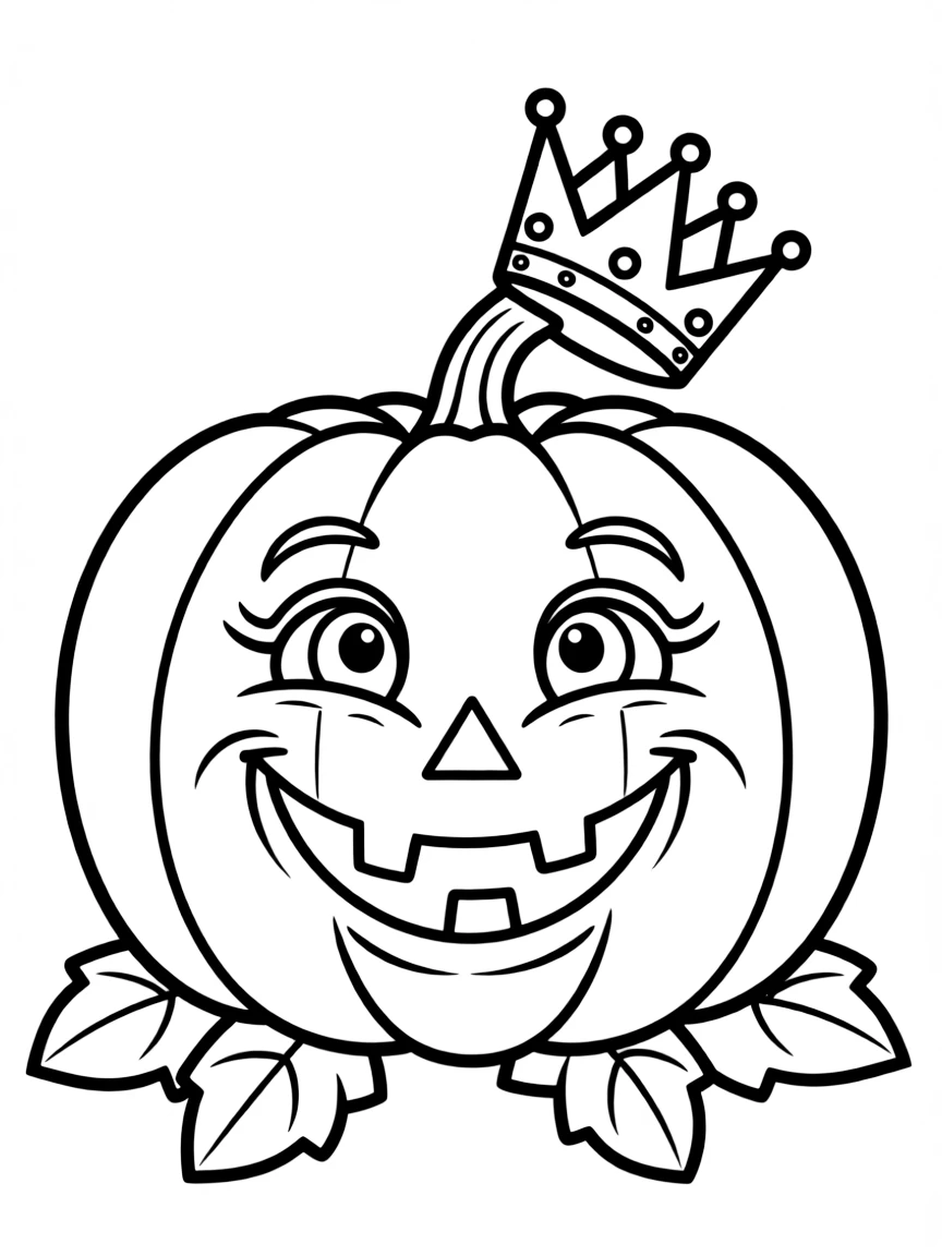 A big, round pumpkin with a friendly face, wearing a tiny crown.
