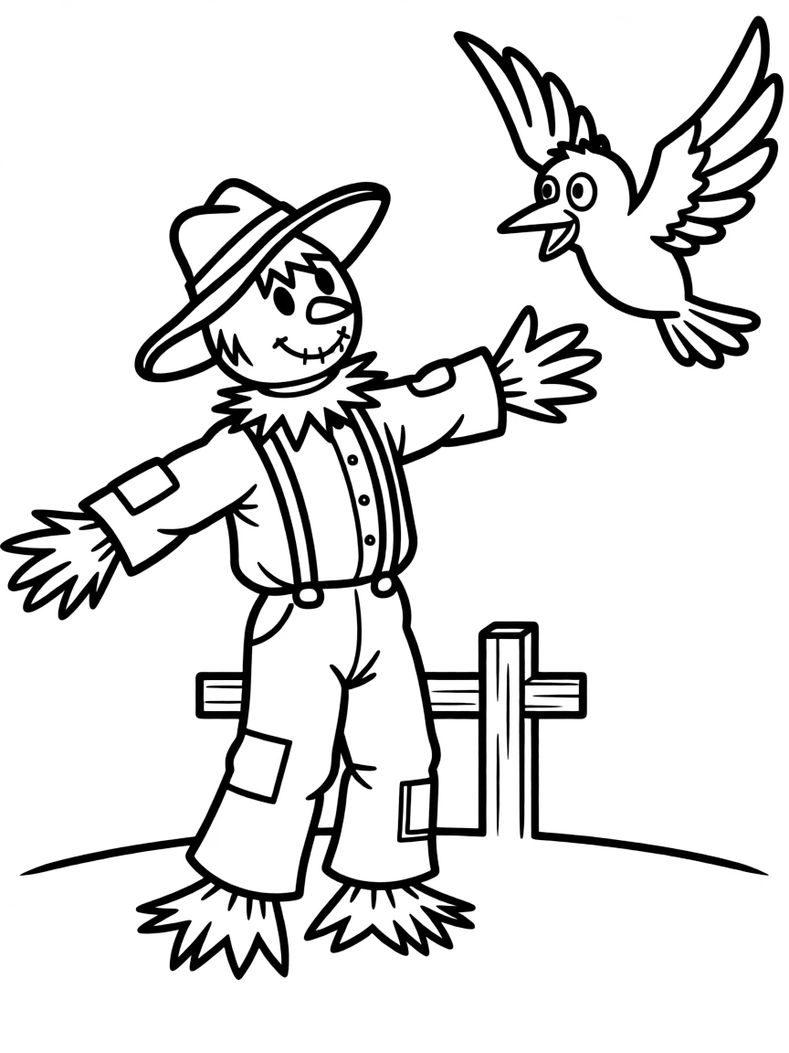 A scarecrow playing catch with a friendly crow.