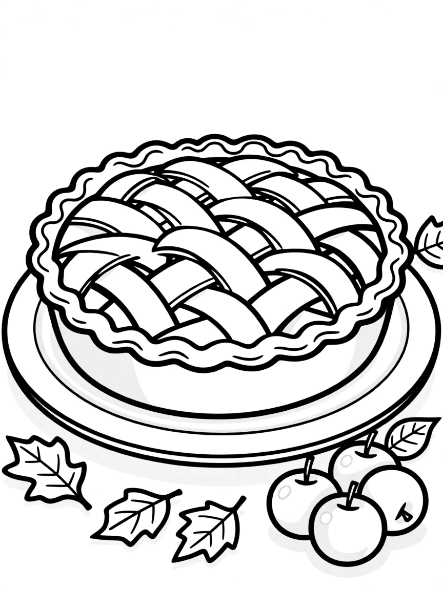 A detailed drawing of a Thanksgiving apple pie with lattice crust.