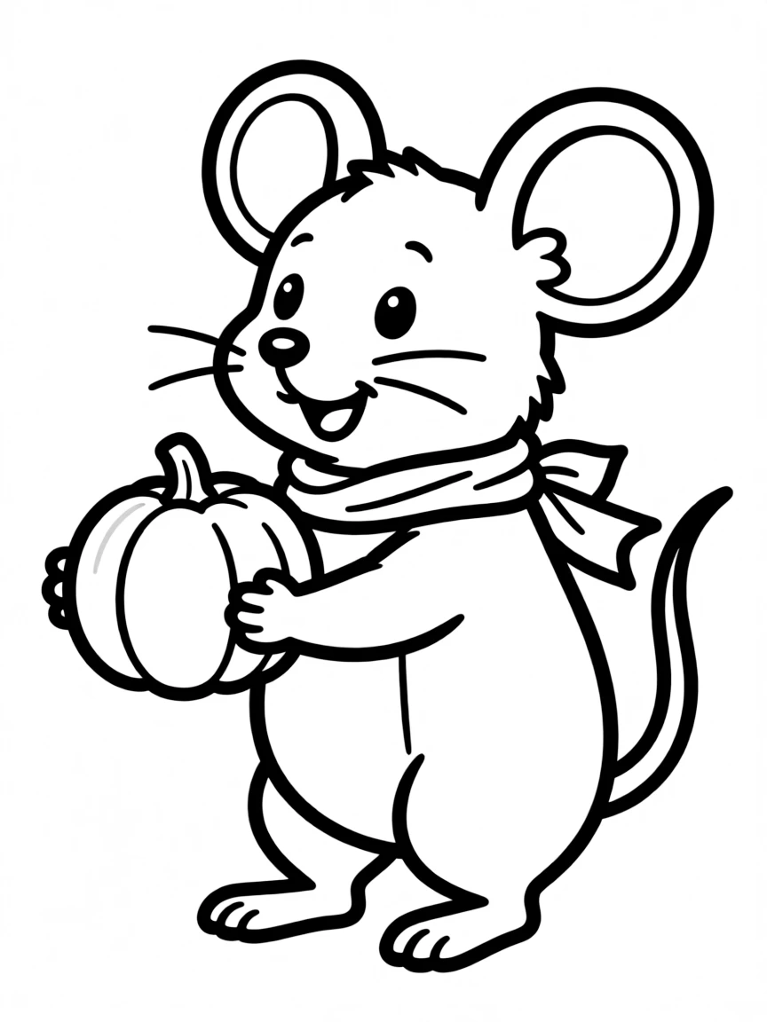 A cute little mouse delivering a miniature pumpkin.