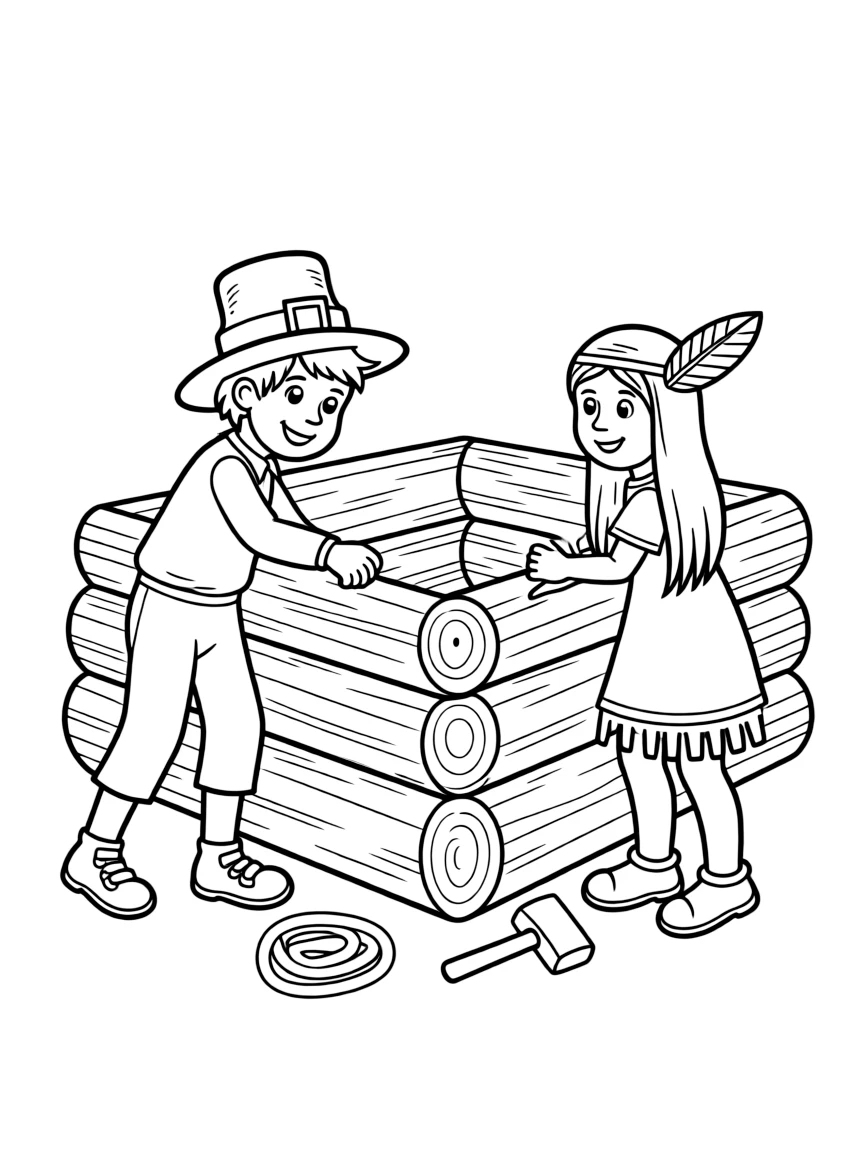 A happy pilgrim boy and Native American girl building a fort.