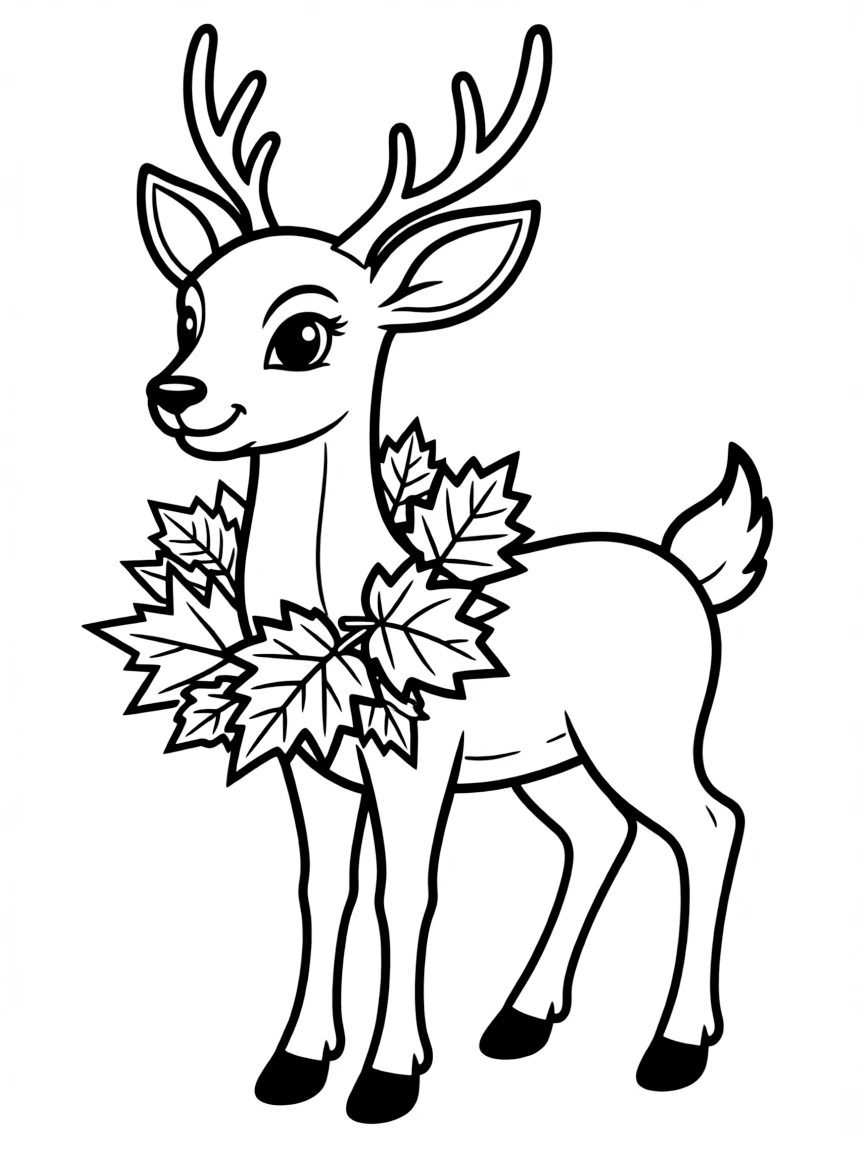 A friendly deer wearing a wreath of autumn leaves.