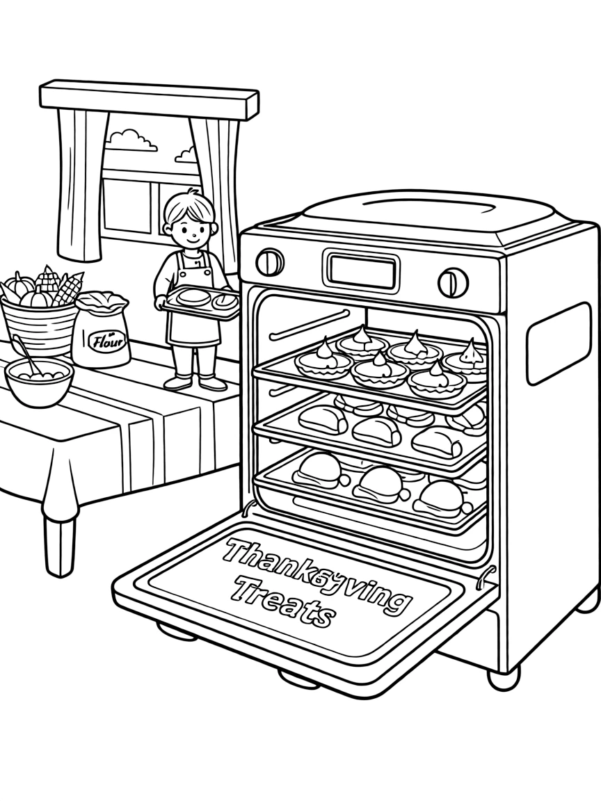 A cozy kitchen with Thanksgiving treats baking in the oven.