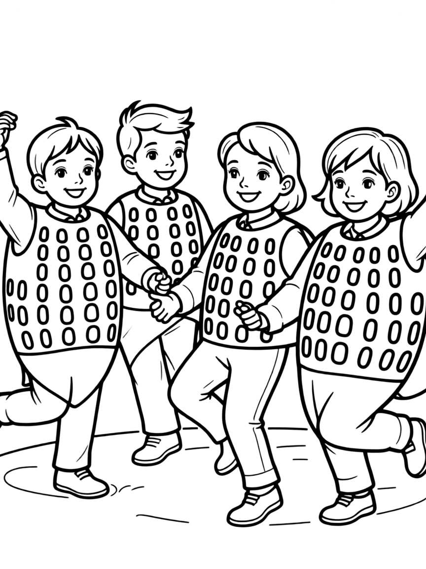 A group of children dressed as corn on the cob, dancing.