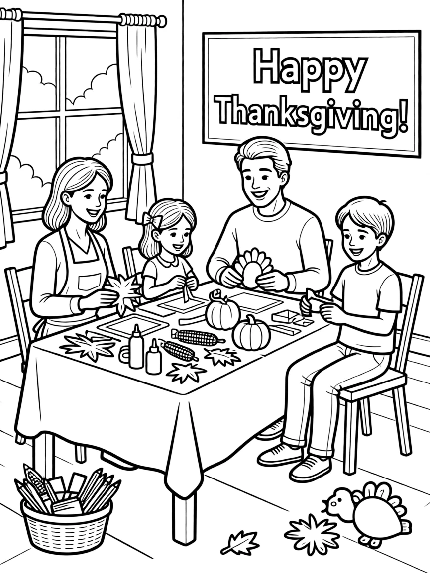 A happy family making Thanksgiving decorations.