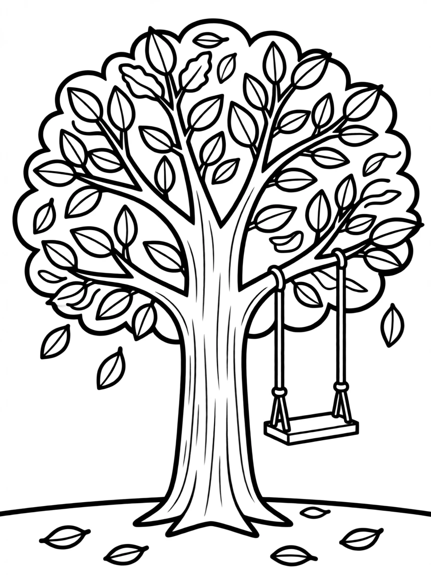 A cheerful autumn tree with a swing hanging from its branch.