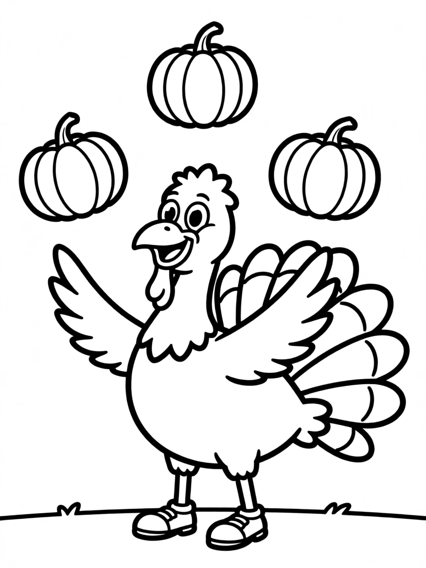 A funny turkey trying to juggle pumpkins.
