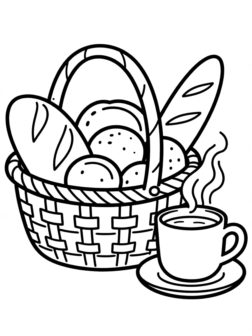 A basket of freshly baked bread and a steaming cup of cider.
