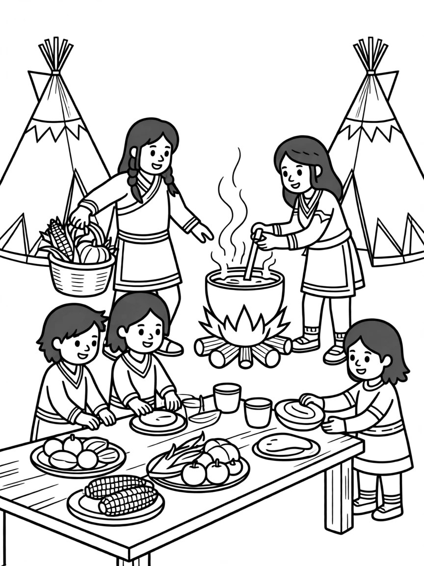 A Native American family preparing a feast in their village.