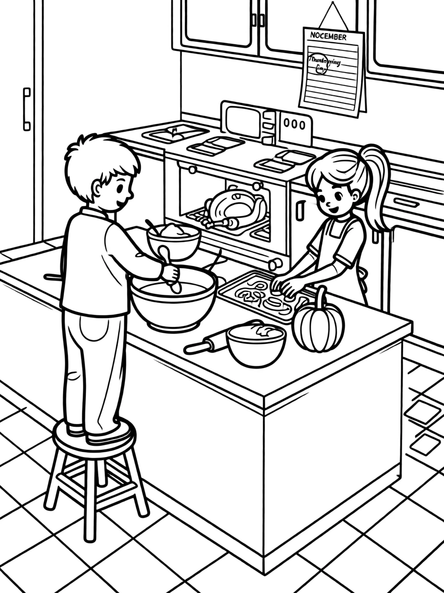 A busy kitchen scene with children helping to cook Thanksgiving dinner.