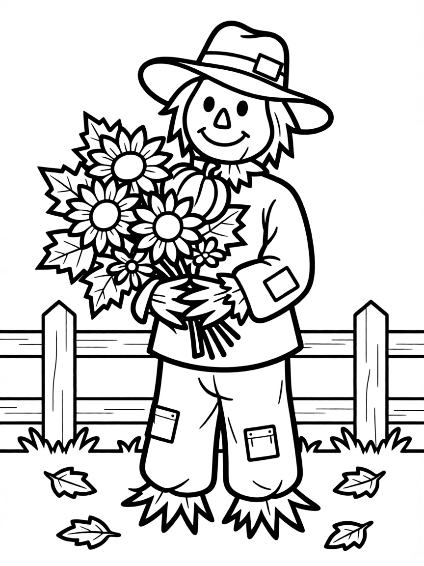 A happy scarecrow holding a bouquet of autumn flowers.
