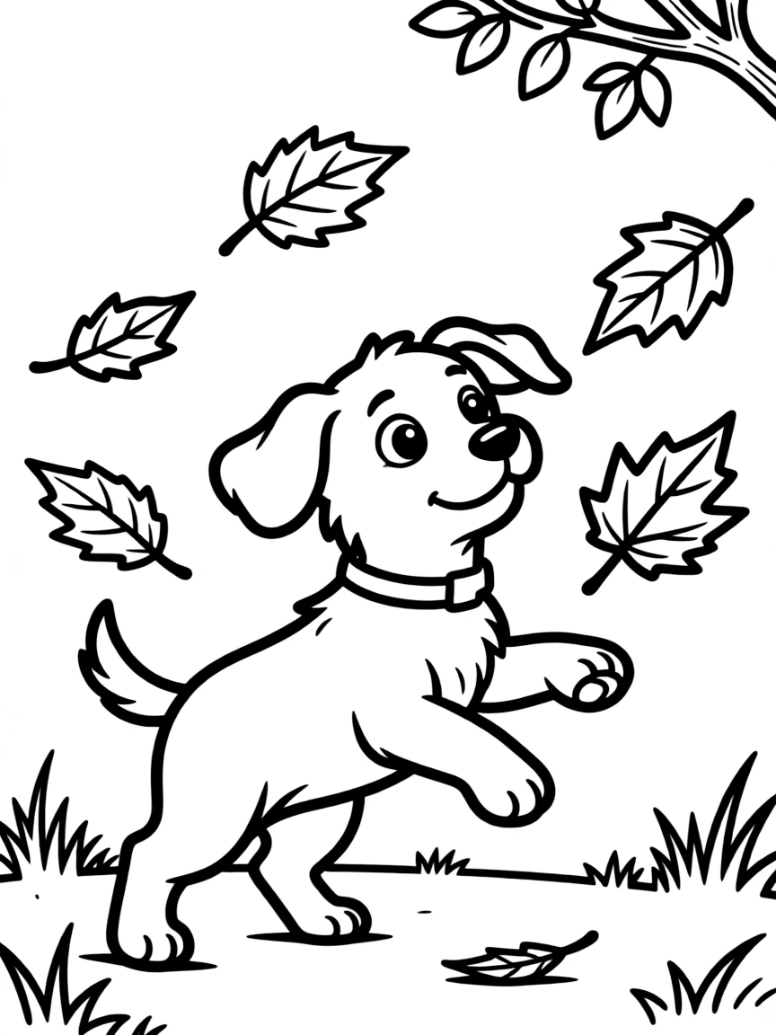A playful puppy trying to catch falling leaves.