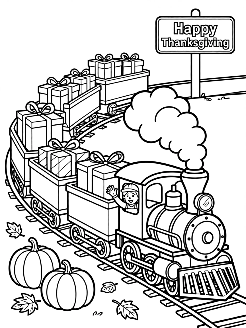A Thanksgiving-themed train with carriages full of gifts.
