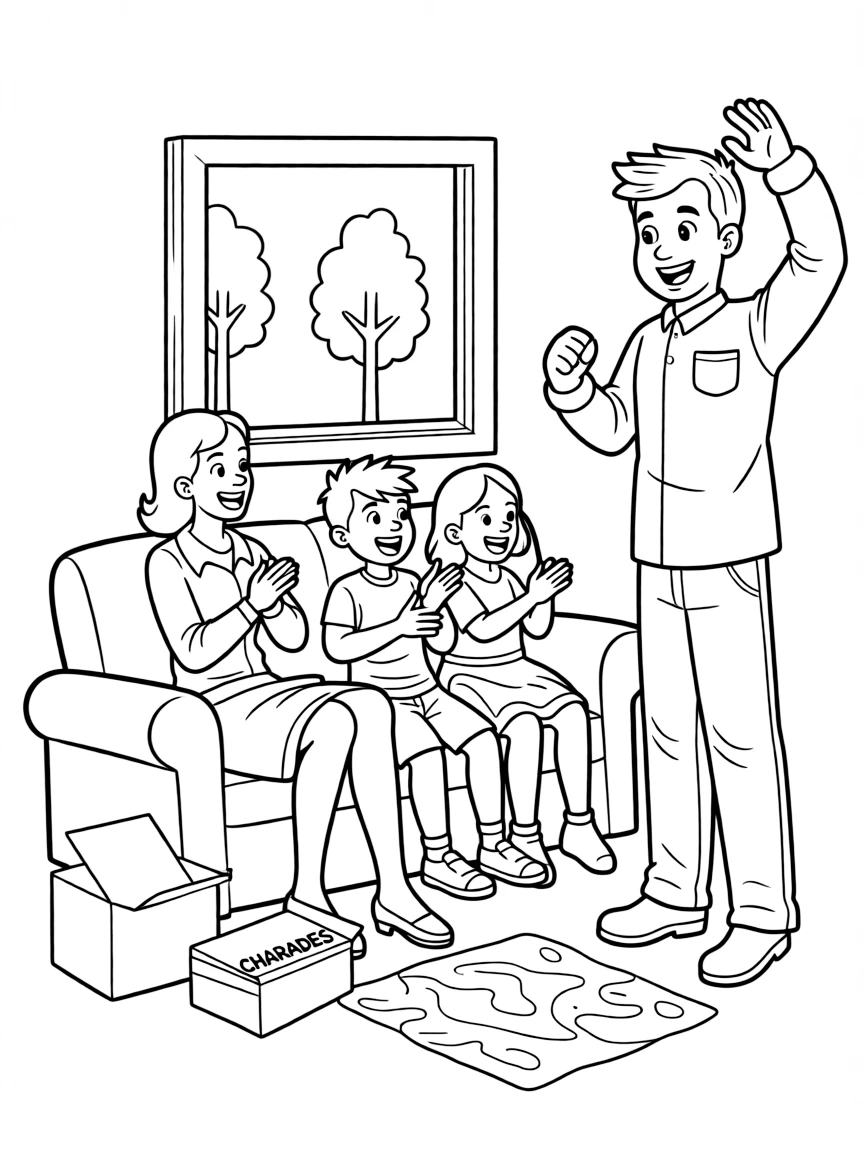 A happy family playing charades after Thanksgiving dinner.