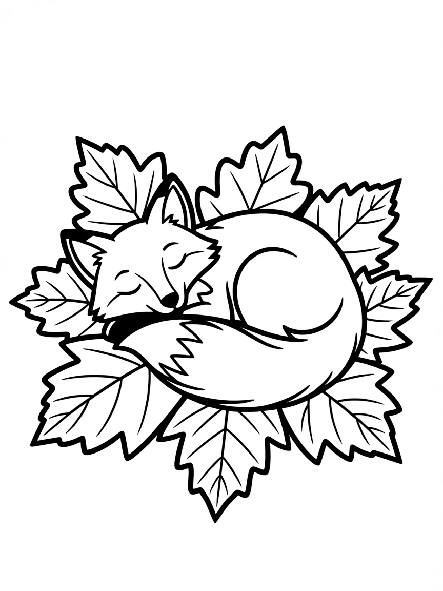 A friendly fox napping on a bed of soft autumn leaves.