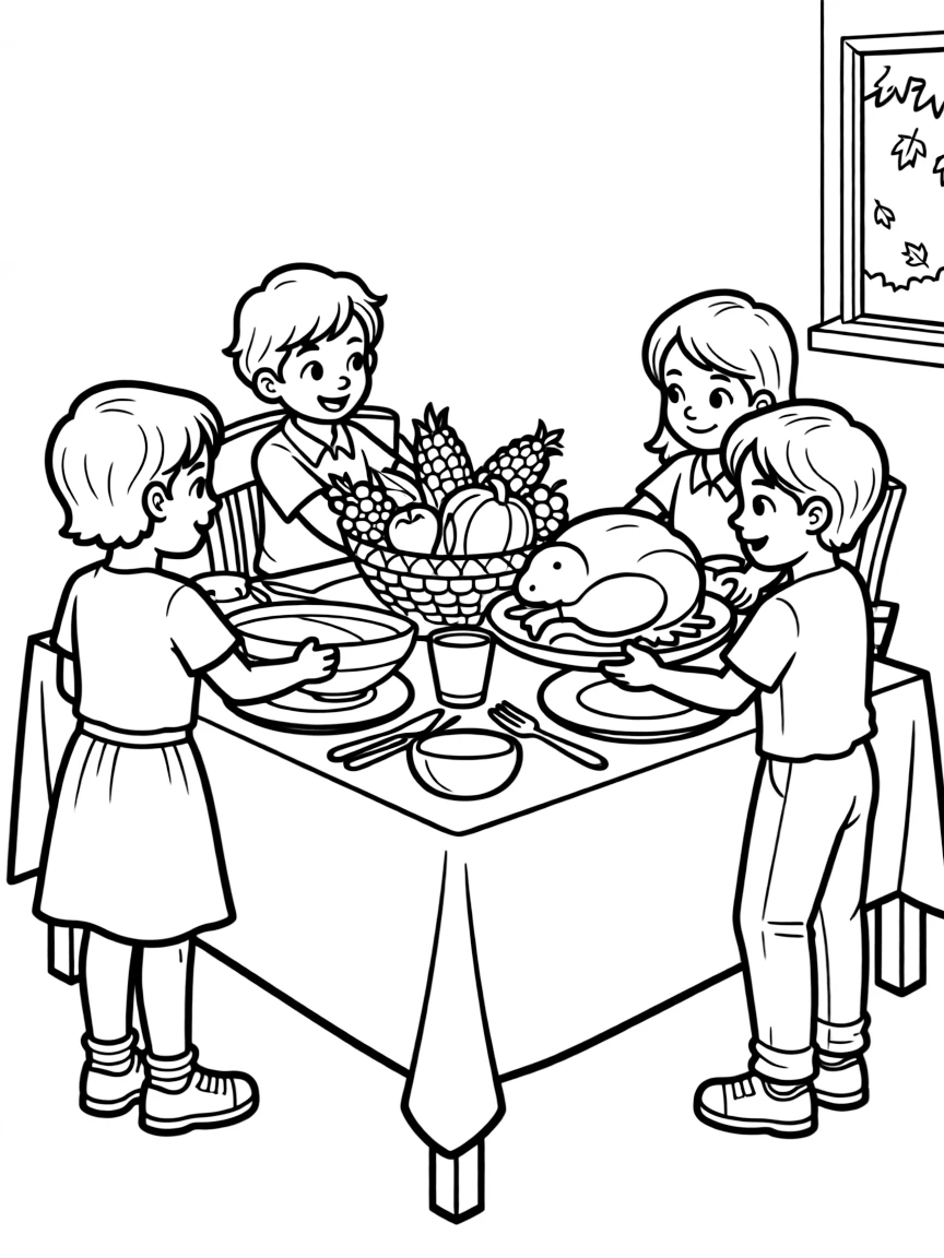 A group of children helping to set the Thanksgiving table.