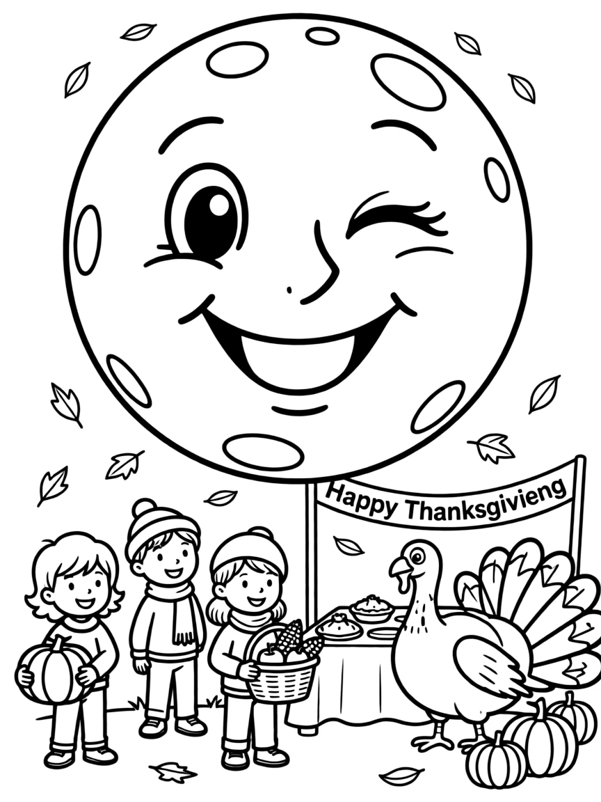 A smiling moon winking at a Thanksgiving celebration.