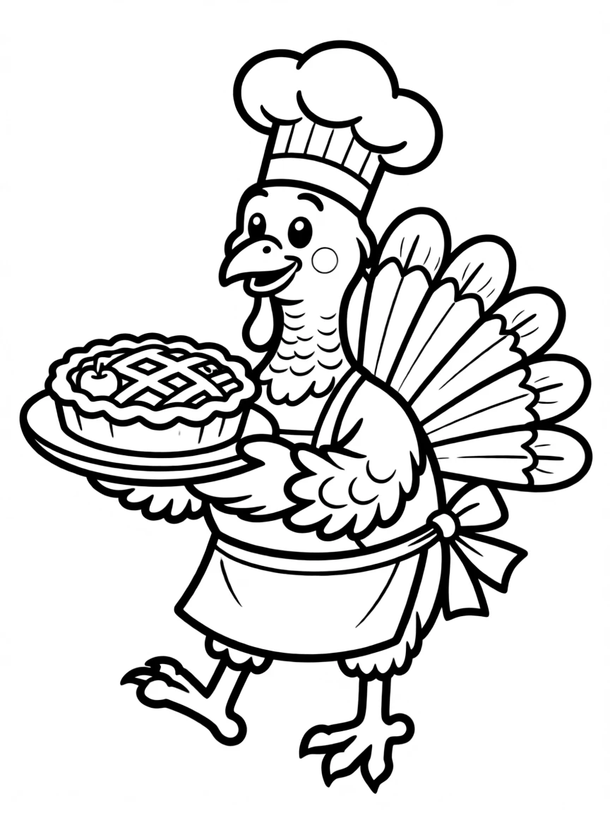 A cheerful turkey wearing a chef's hat and carrying a pie.