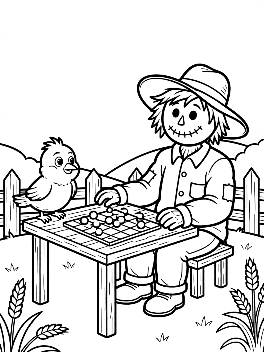 A scarecrow playing checkers with a friendly bird.