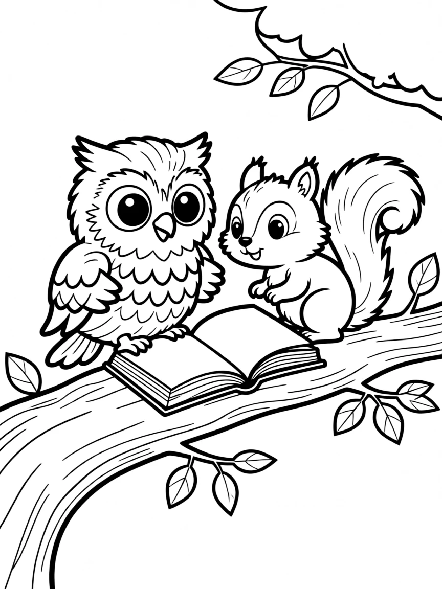 A cute little owl sharing a book with a squirrel.