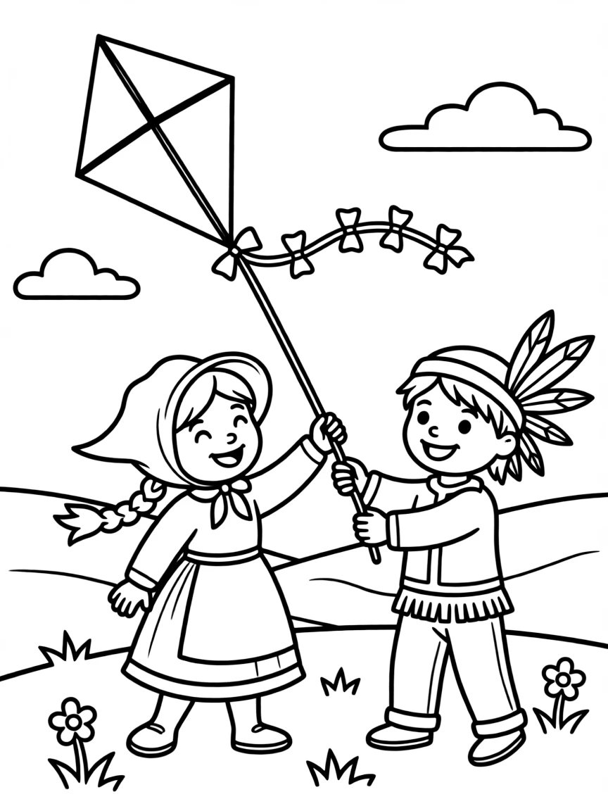 A happy pilgrim girl and Native American boy flying a kite.
