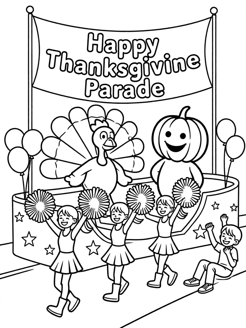 A Thanksgiving parade with mascots and cheerleaders.