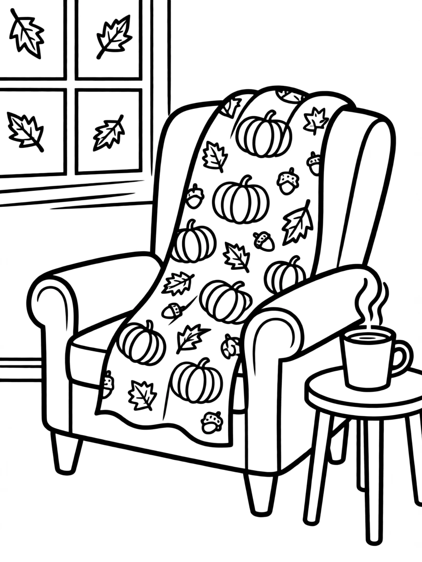A cozy armchair with a Thanksgiving throw blanket.