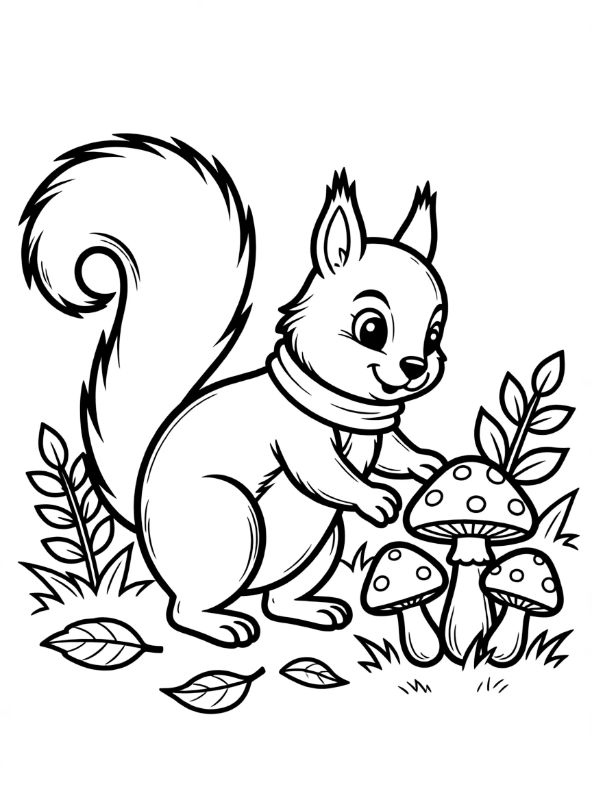 A friendly squirrel collecting mushrooms.