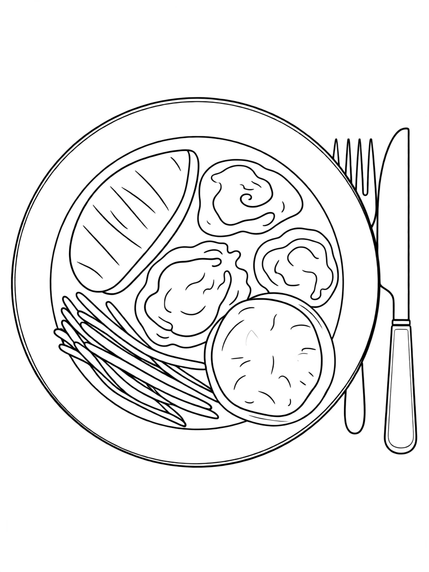 A detailed drawing of a Thanksgiving dinner plate with food.
