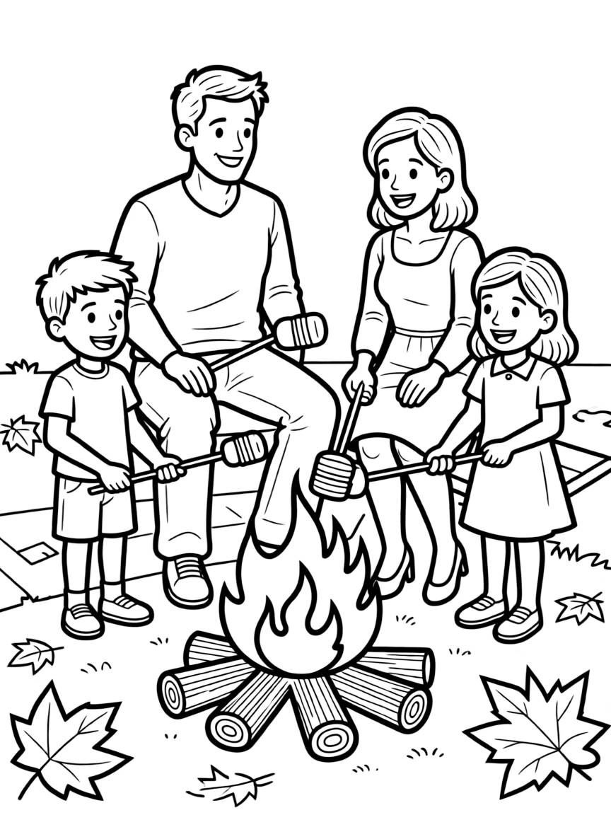 A happy family having a Thanksgiving bonfire with s'mores.