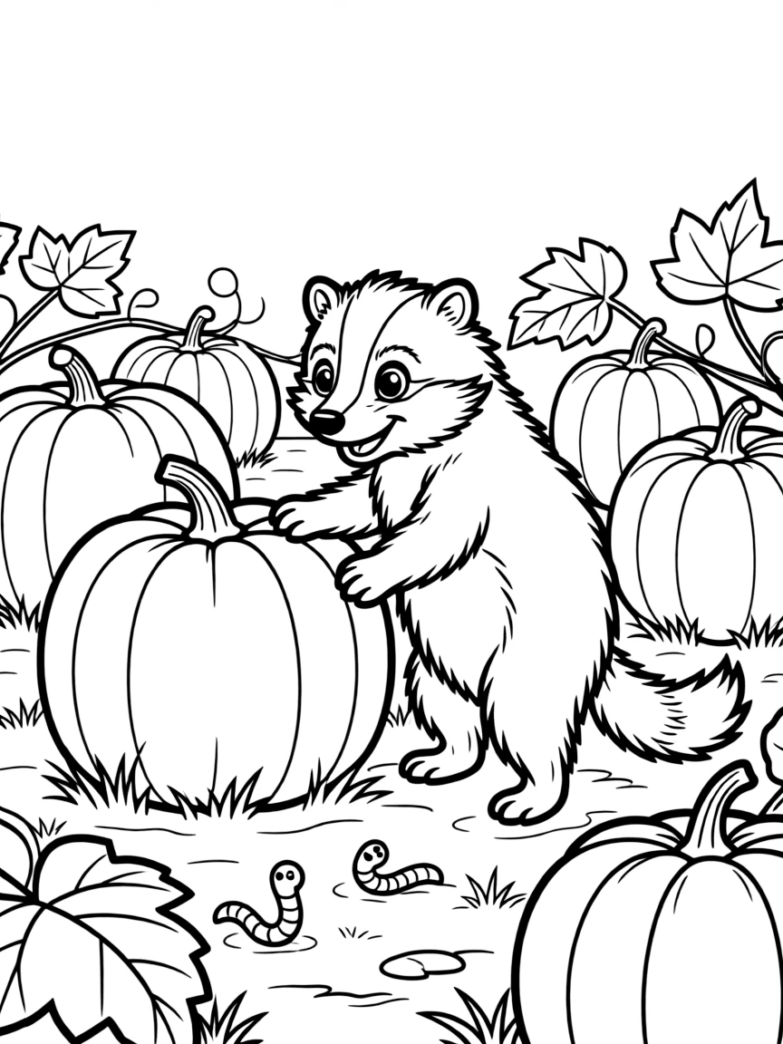 A playful badger looking for worms in a pumpkin patch.